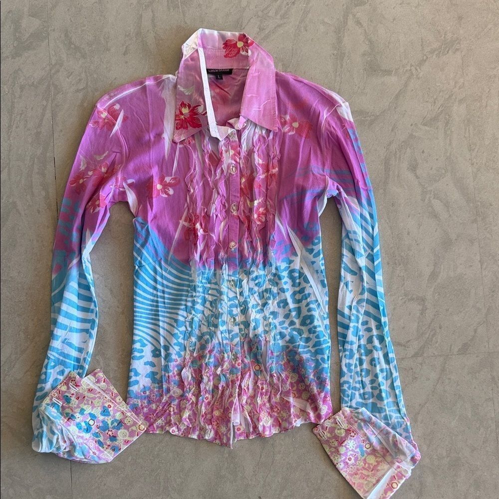 Women's Pink and Blue Button Down Shirt